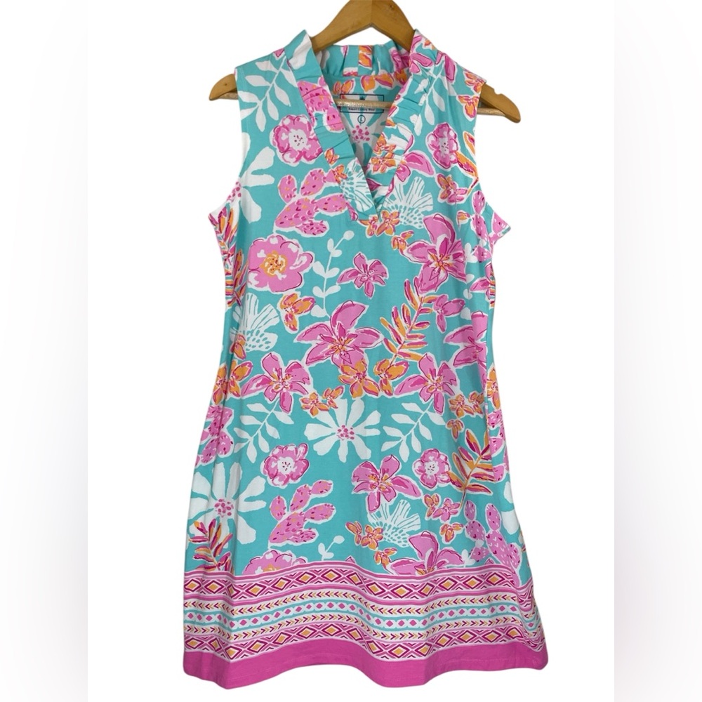 Rezobay Paradise Island Print Cotton Knit Sleeveless Ruffle Dress  NWT - Picture 2 of 9